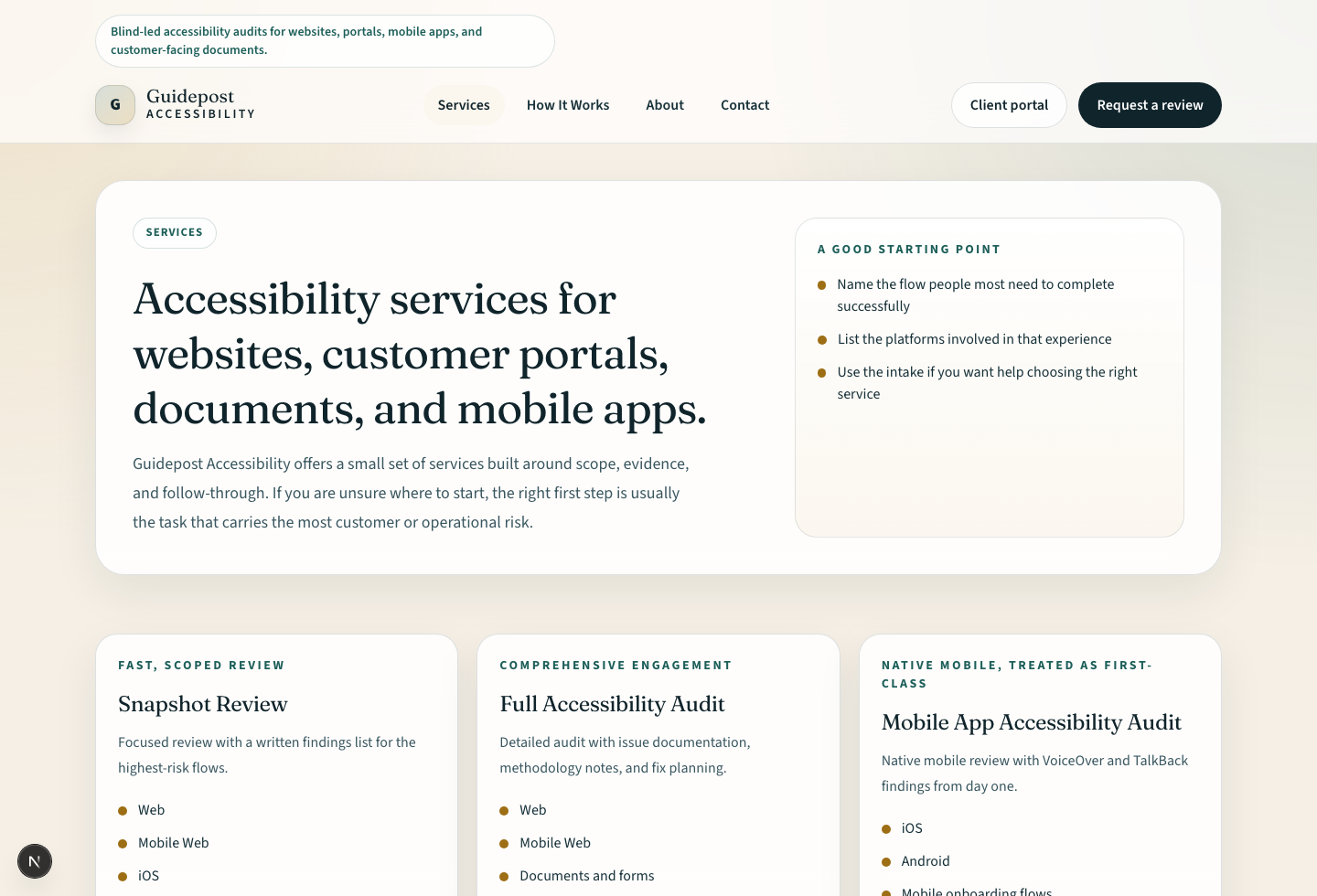 Guidepost Accessibility services page with audit service cards and a starting-point checklist.