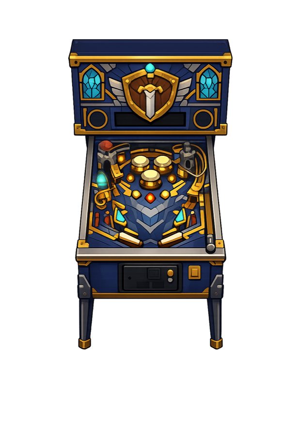 Pinball Paladin arcade cabinet with blue and gold trim, shield art, and a sword emblem.