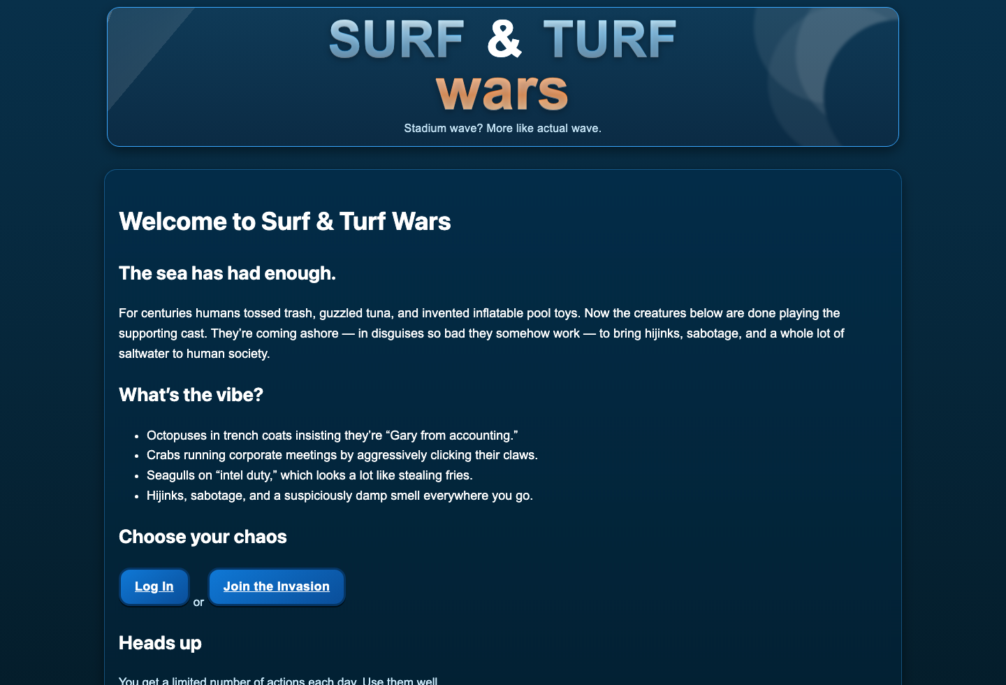 Surf and Turf Wars welcome page with an ocean-themed header and login and join buttons.